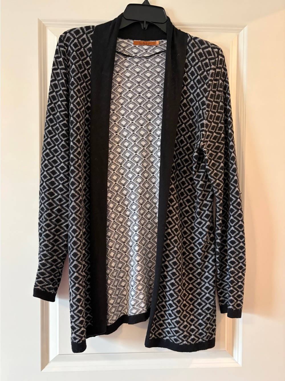 Belldini Black and Gray Diamond-Print Open Cardigan